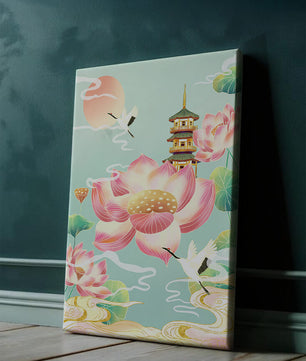 Paysage serein avec des fleurs de lotus et une pagode traditionnelle