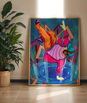 Colorful breakdancer in dynamic urban artwork