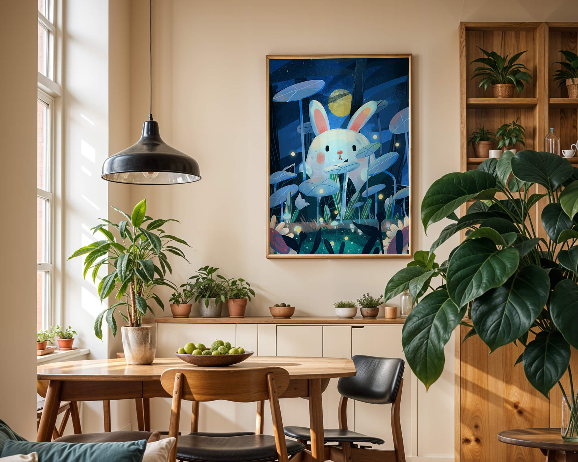 Cute rabbit in a dreamy moonlit forest