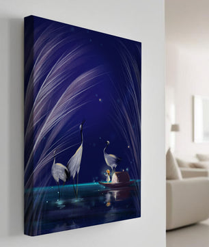 Serene night scene with graceful cranes and a magical boat ride
