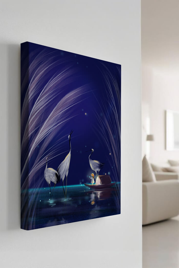 Serene night scene with graceful cranes and a magical boat ride