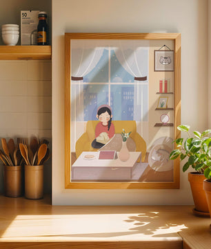 Cozy living room with a girl and a dog on a yellow sofa