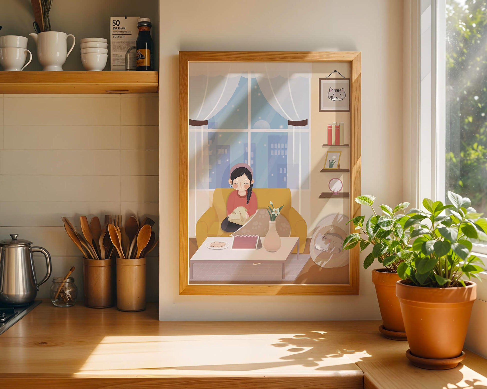 Cozy living room with a girl and a dog on a yellow sofa