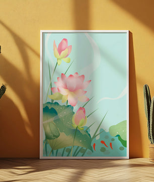 Loteo de flores de loto ilustrativas con hojas y peces koi en un estanque sereno