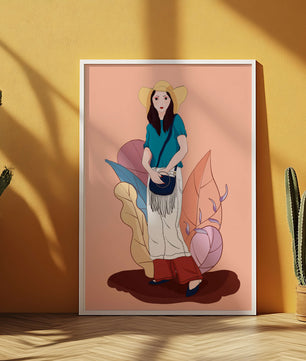 Stylish woman in summer attire with botanical background illustration