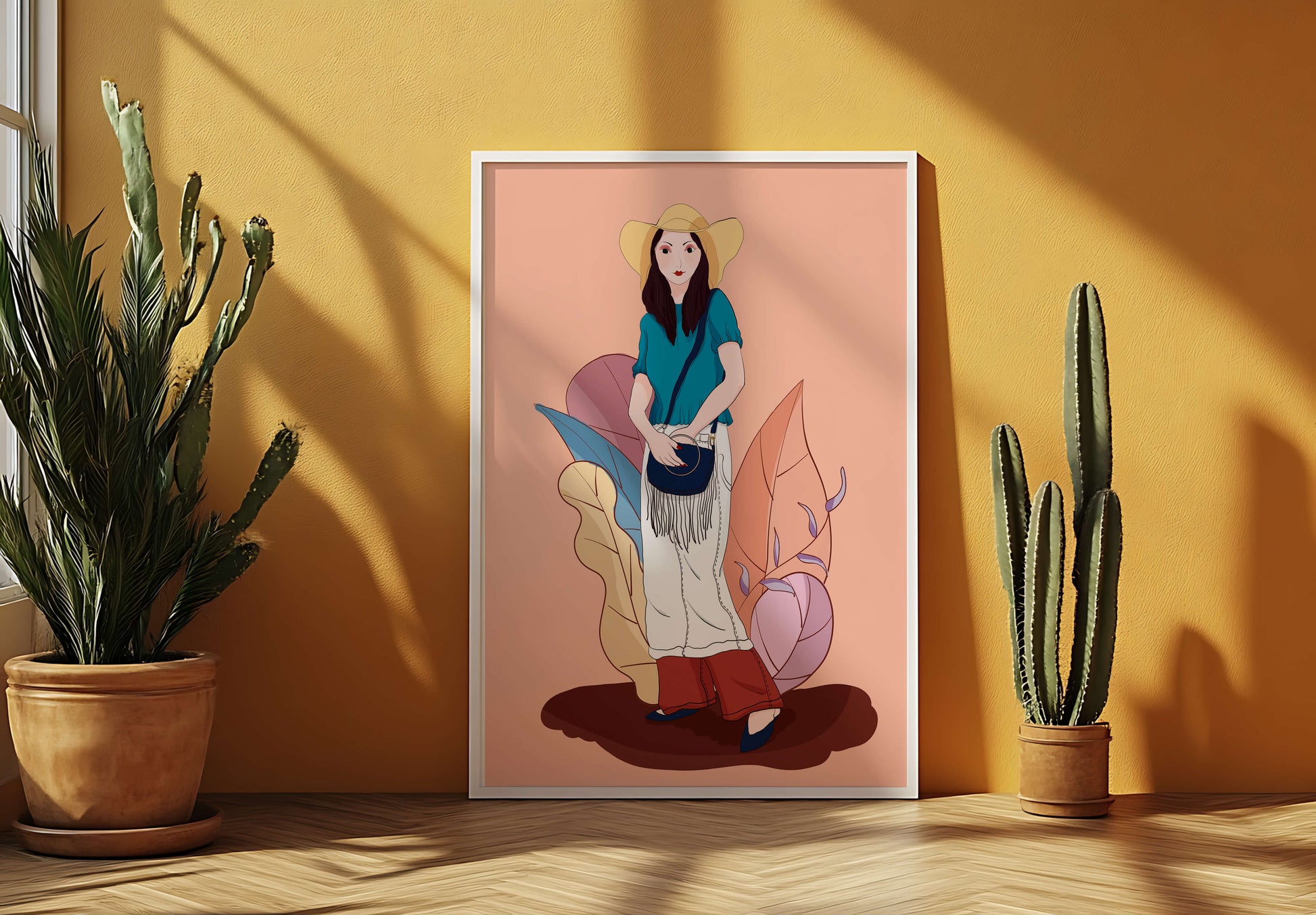 Stylish woman in summer attire with botanical background illustration