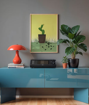 Illustration of a potted cactus with flower on soft background