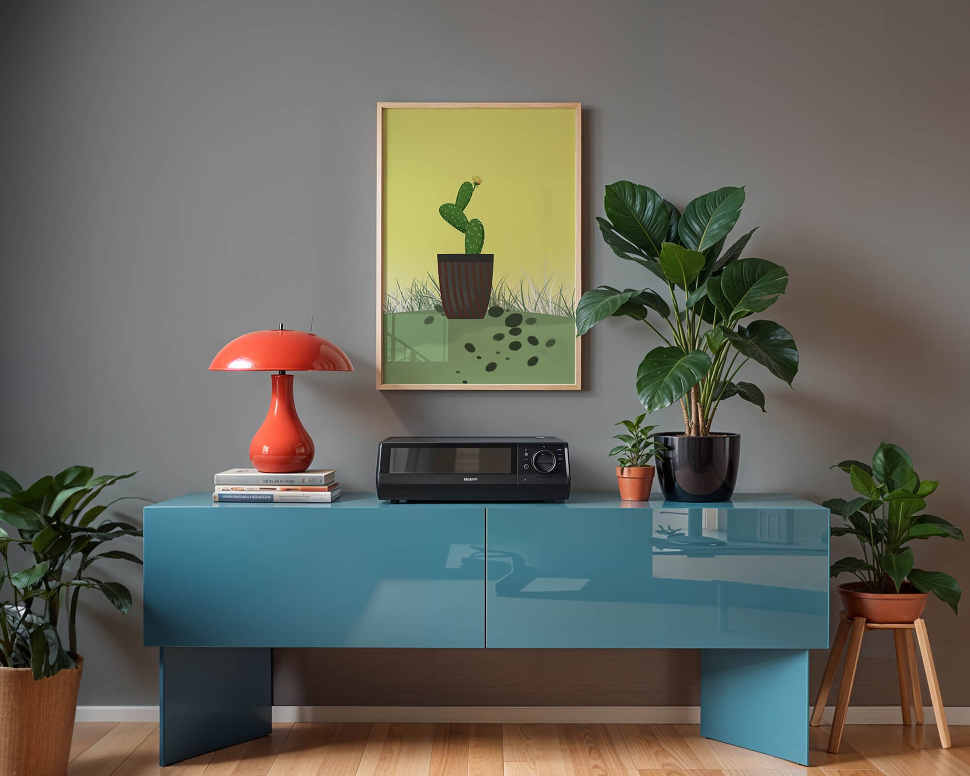 Illustration of a potted cactus with flower on soft background