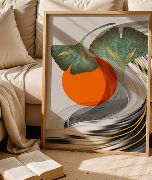 Hojas de Ginkgo abstractas con círculo naranja y ondas plateadas