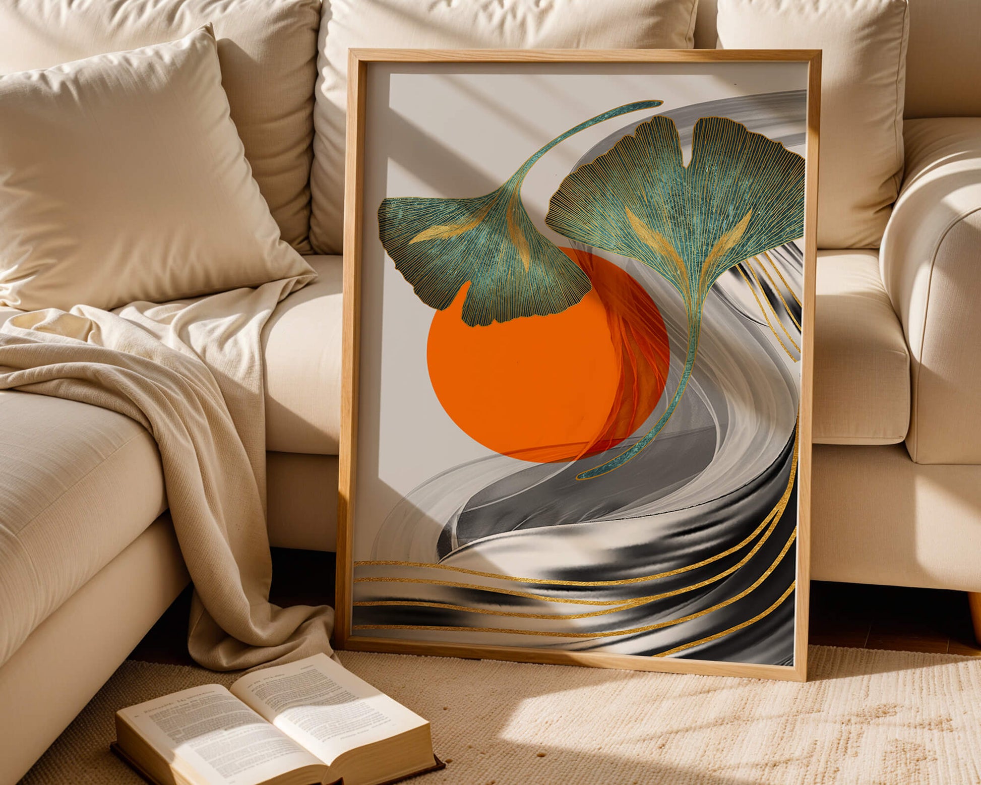 Hojas de Ginkgo abstractas con círculo naranja y ondas plateadas