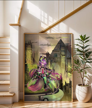 Cyberpunk-Anime-Figur im futuristischen Stadtbild 