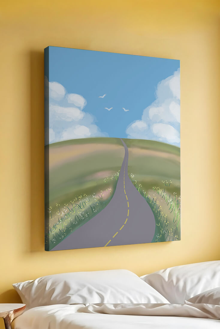 Serene countryside road with vibrant sky and rolling hills