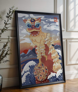 Traditionelle chinesische Löwentanzkunst mit malerischem Hintergrund