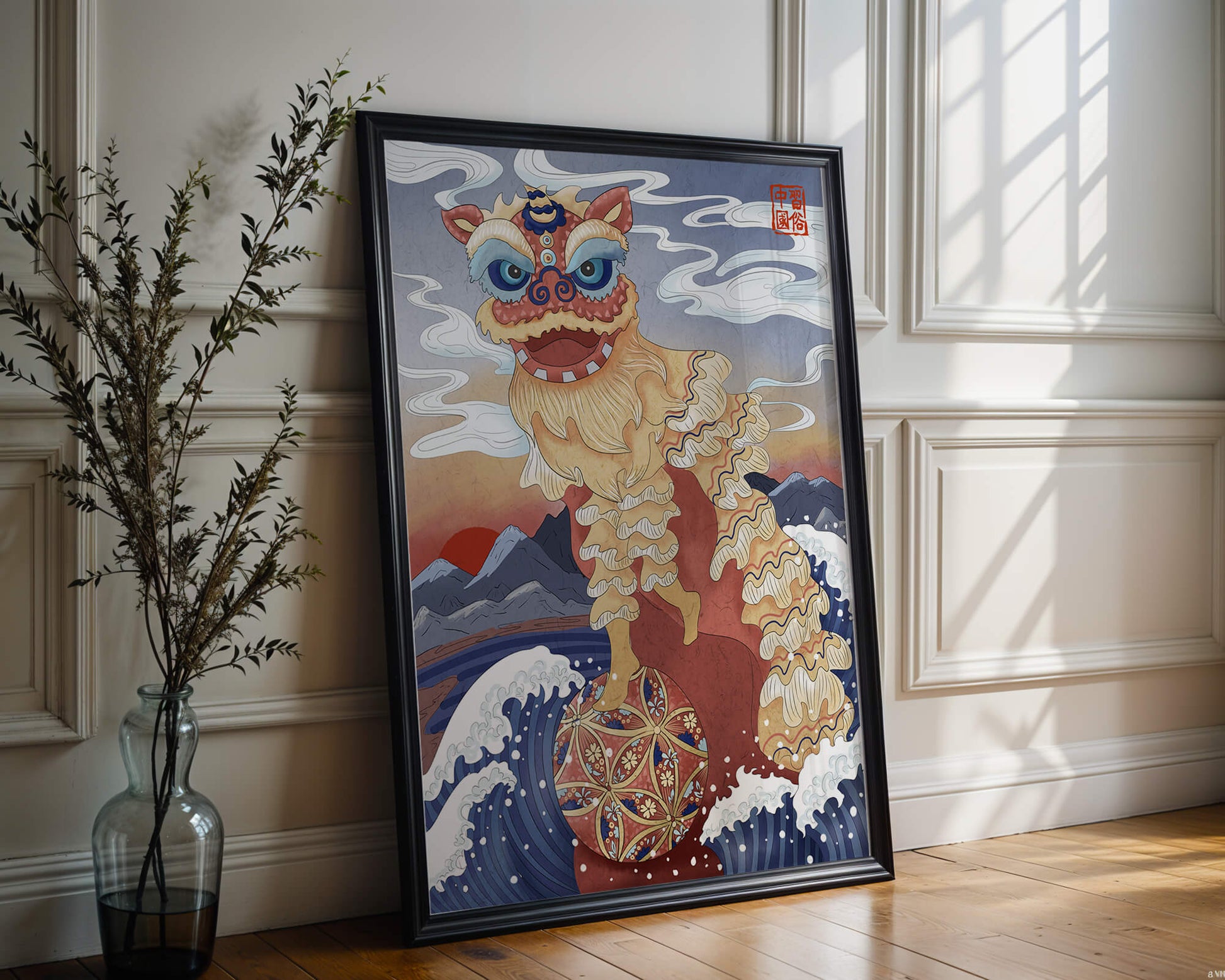 Traditionelle chinesische Löwentanzkunst mit malerischem Hintergrund