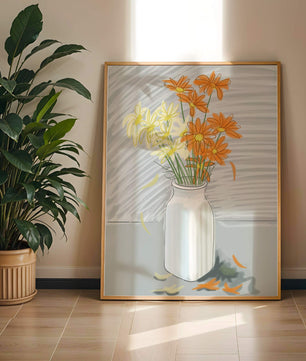 Vibrant daisies in a white vase illustration