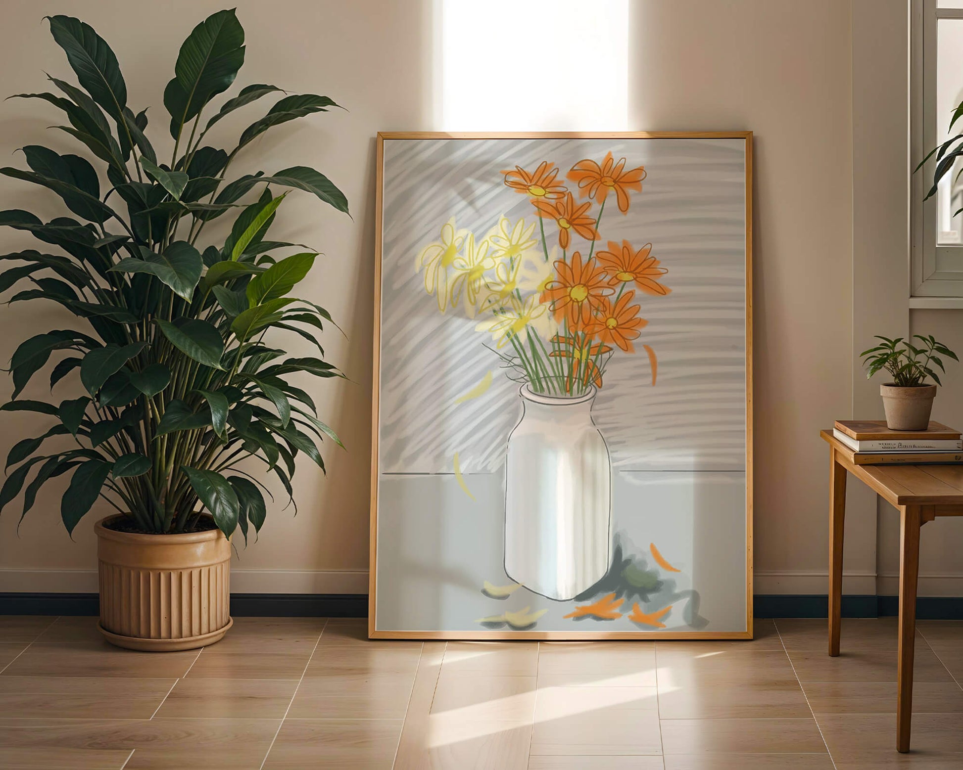Vibrant daisies in a white vase illustration