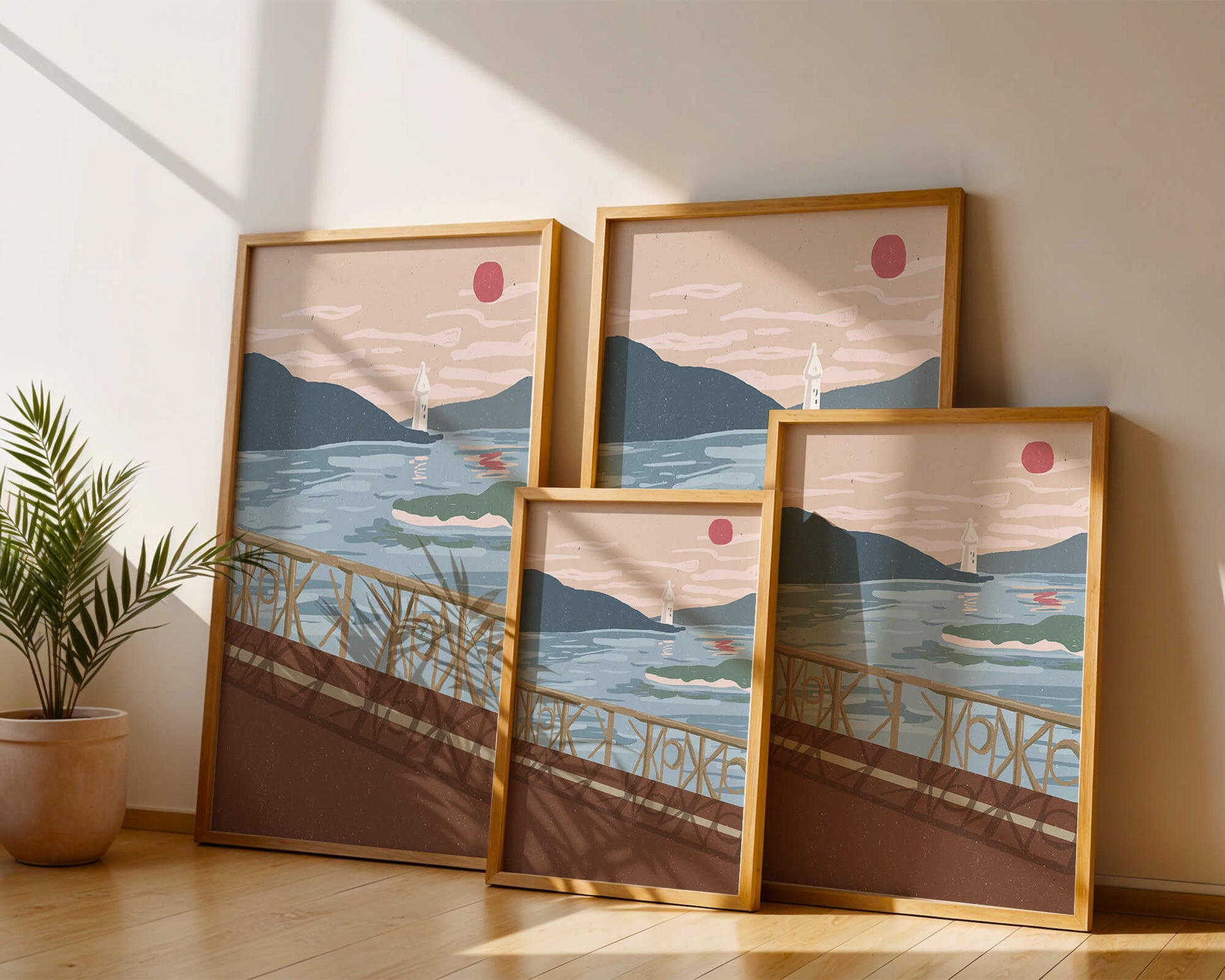 Coastal Landscape with Lighthouse and Artistic Fence at Sunset