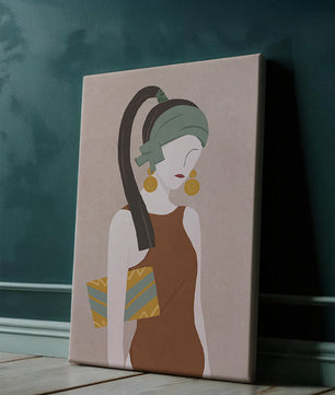 Retrato de mujer estilizado con colores apagados y elementos geométricos