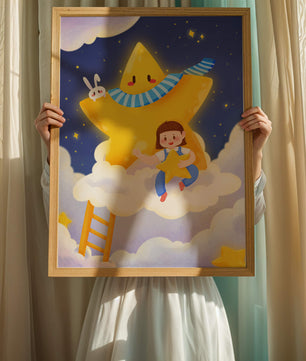 Enfant fantaisiste assis sur un nuage avec une étoile et un lapin dans le ciel nocturne