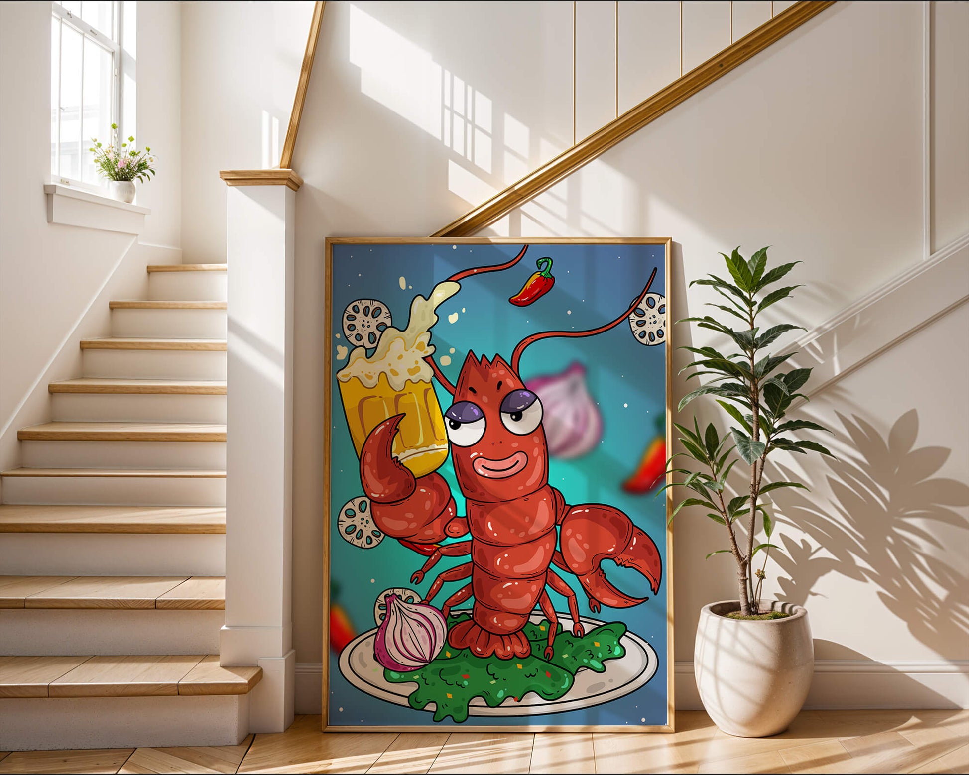 Playful cartoon lobster holding a beer in a whimsical setting