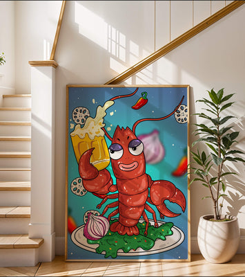 Playful cartoon lobster holding a beer in a whimsical setting