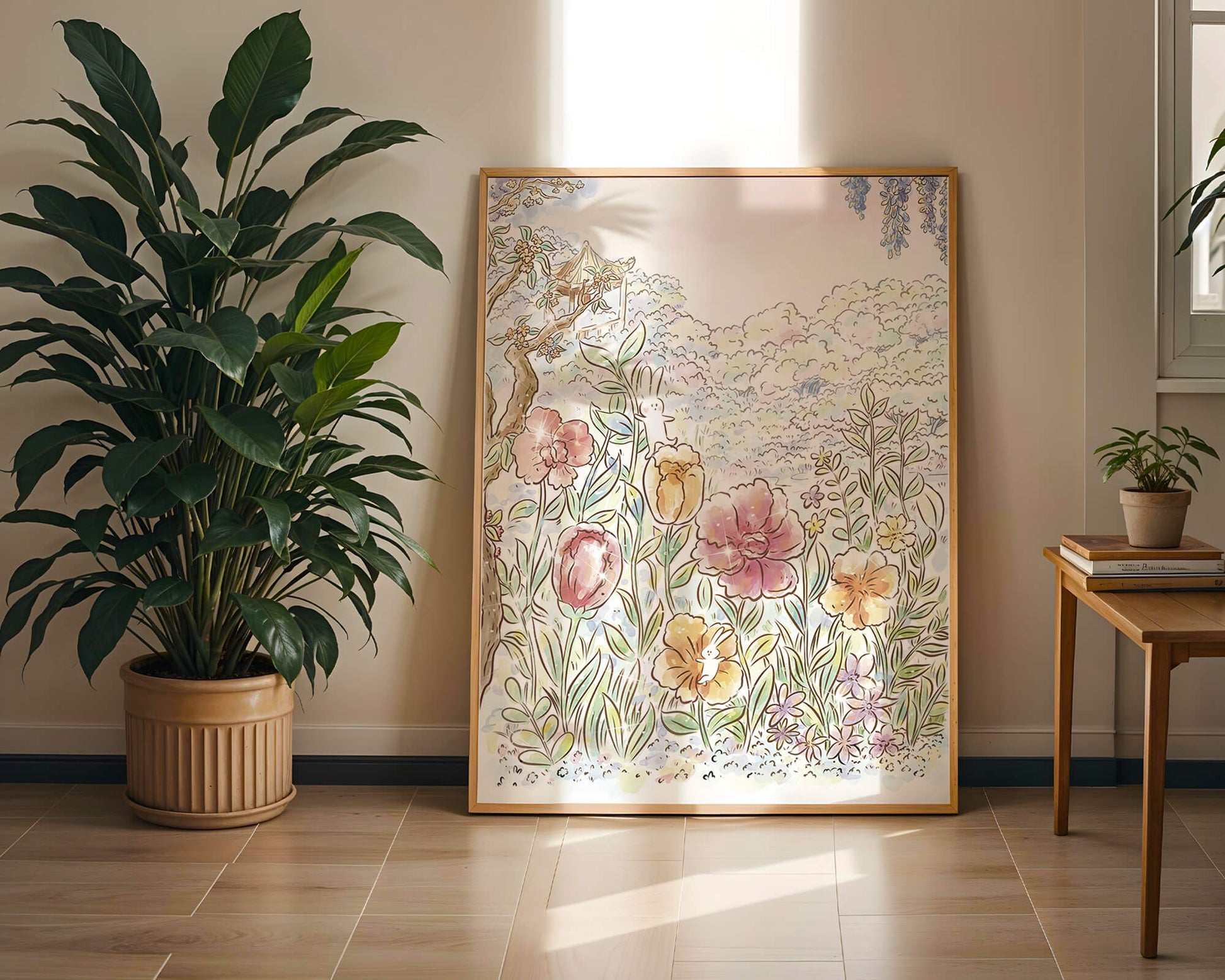 Charming Garden with Bunnies and Blossoming Trees