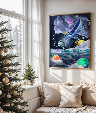 Astronaut Exploring a Surreal Cosmic Ocean with a Glowing Whale