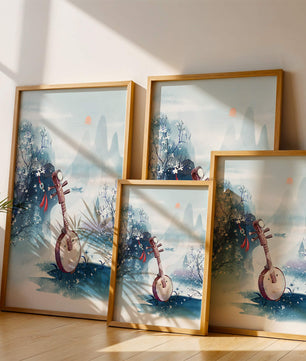 Paisaje tradicional chino con instrumento musical y flores