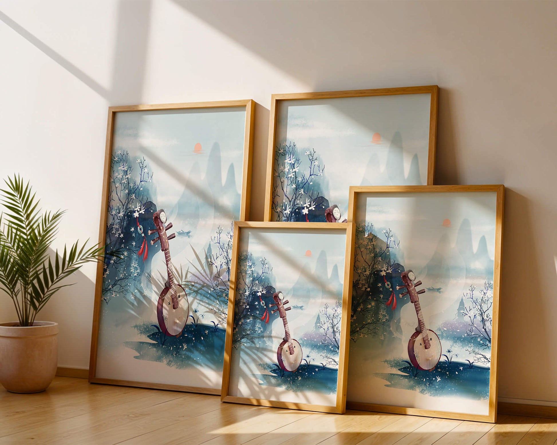Paisaje tradicional chino con instrumento musical y flores