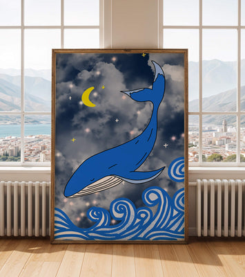 Whimsical blue whale in a starry night ocean scene