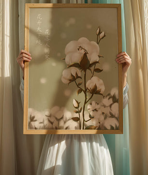 Plante de coton illustrée avec un personnage caché sur un fond vert doux