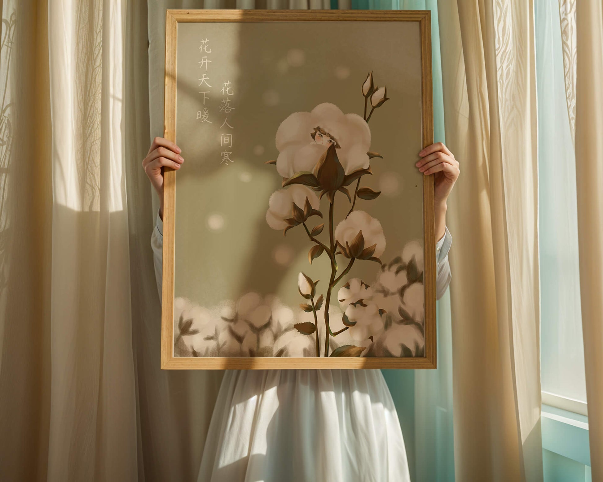 Illustrated cotton plant with hidden character on a soft green background