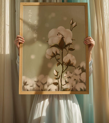 Illustrated cotton plant with hidden character on a soft green background