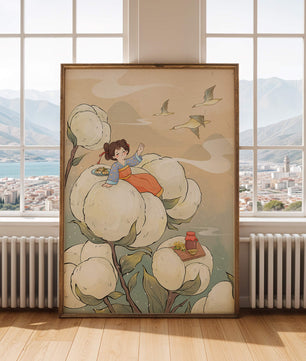 Illustration d'une fille sur des fleurs géantes avec des oiseaux volants et de la nourriture