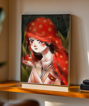 Illustration d'une fille en capuchon rouge tenant une pomme dans une forêt
