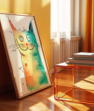 Illustration artistique de chat à l’aquarelle avec des couleurs vives