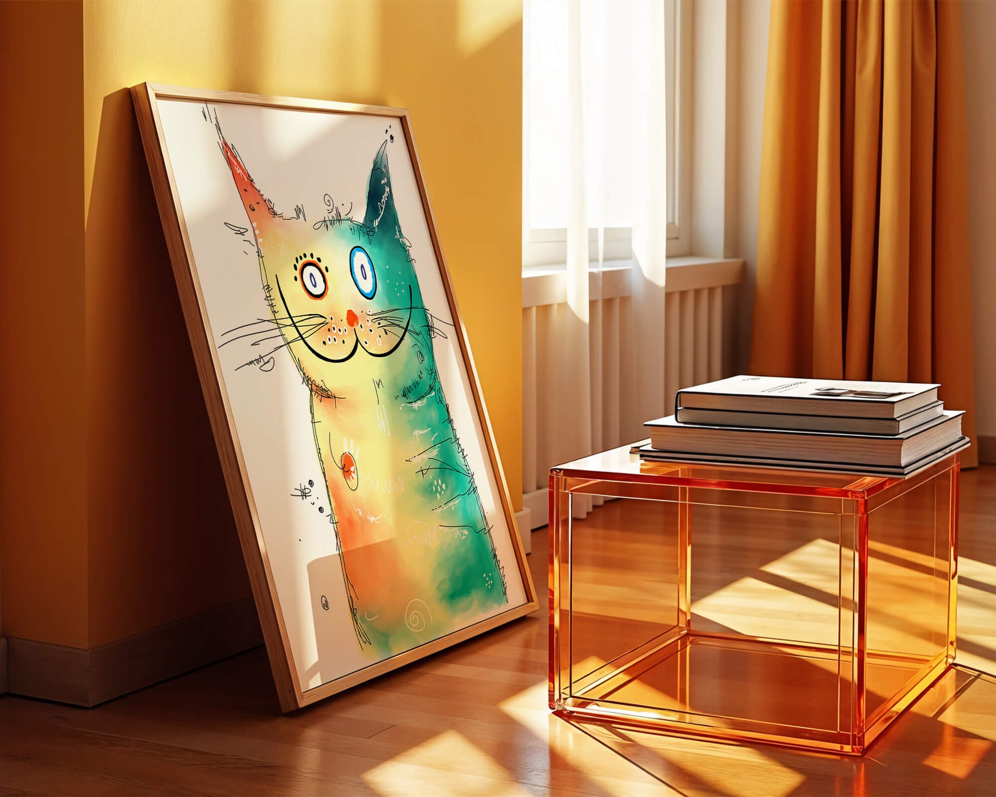 Artistic watercolor cat illustration with vibrant colors