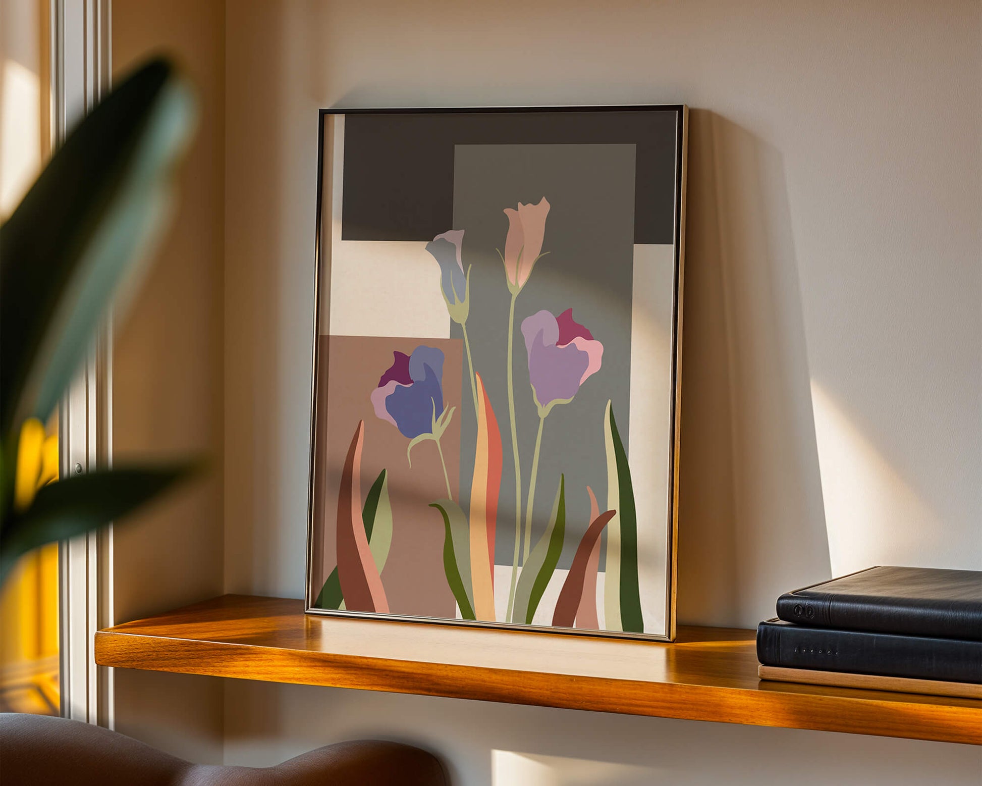 Arte floral abstracto con fondo geométrico colorido