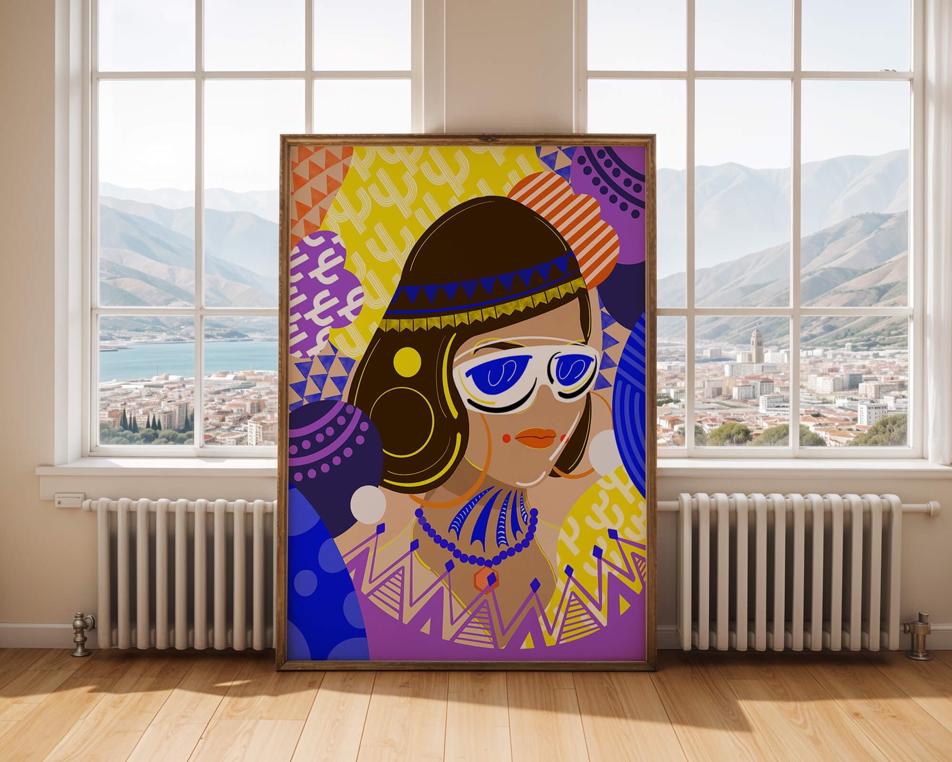 Portrait abstrait coloré avec des motifs géométriques vibrants