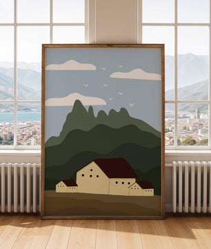 Paisaje minimalista de montaña con casas y pájaros en el cielo
