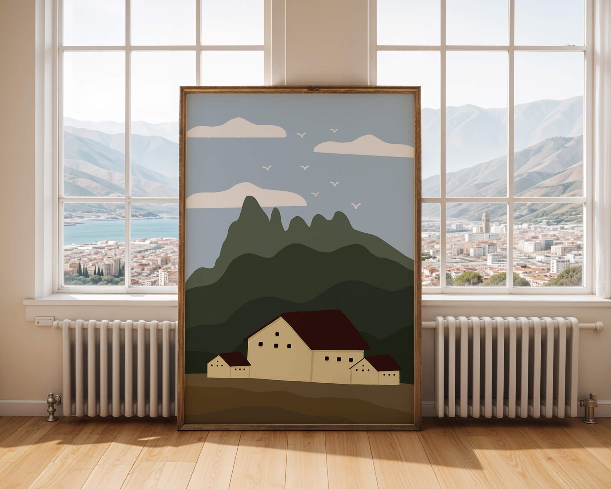 Paisaje minimalista de montaña con casas y pájaros en el cielo