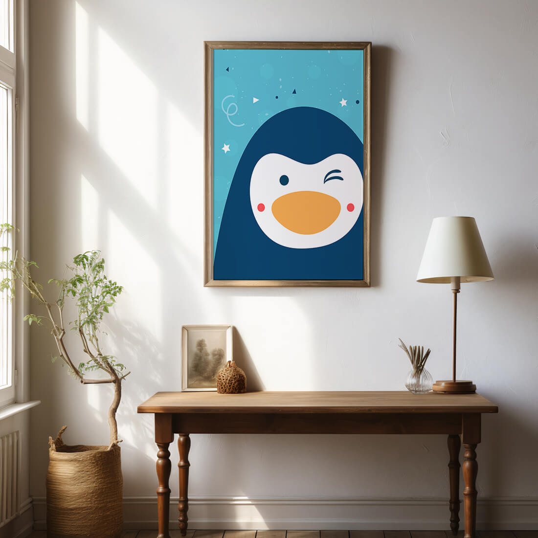 Pingüino de dibujos animados juguetón sobre un fondo azul caprichoso