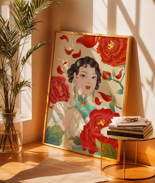 Mujer elegante rodeada de vibrantes flores y pétalos rojos
