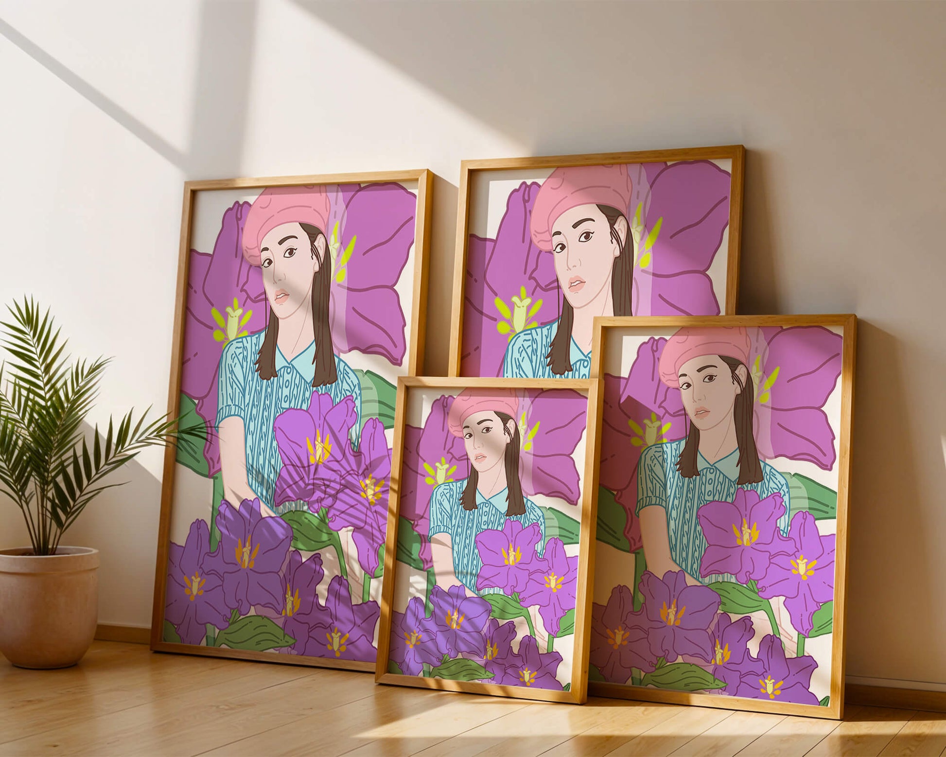 Ilustración de una joven con boina rosa y flores moradas