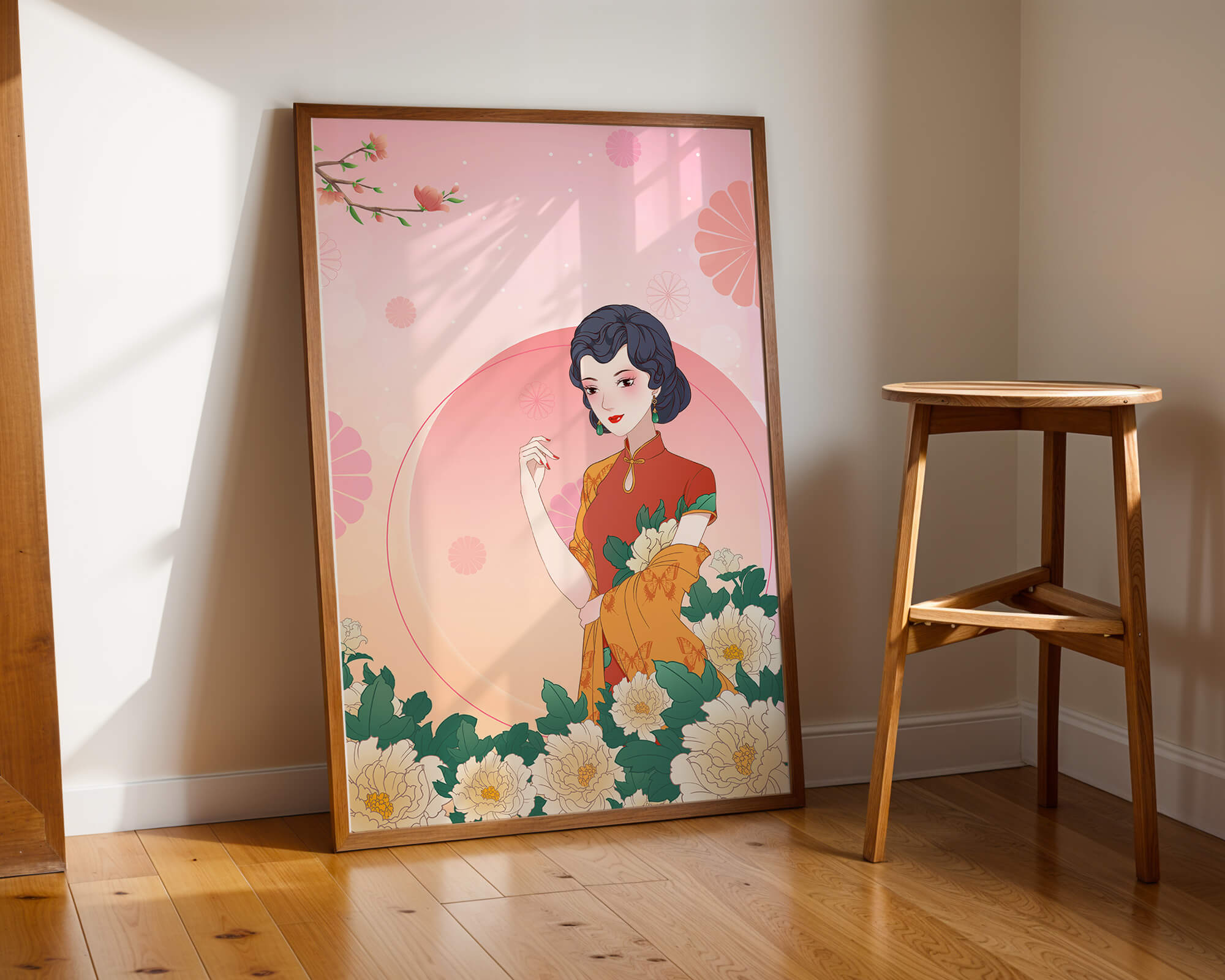 Elegant Woman in Traditional Asian Dress with Floral Background - Mi tienda