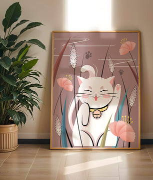 Ilustración de un gato maneki-neko en un entorno de jardín floral