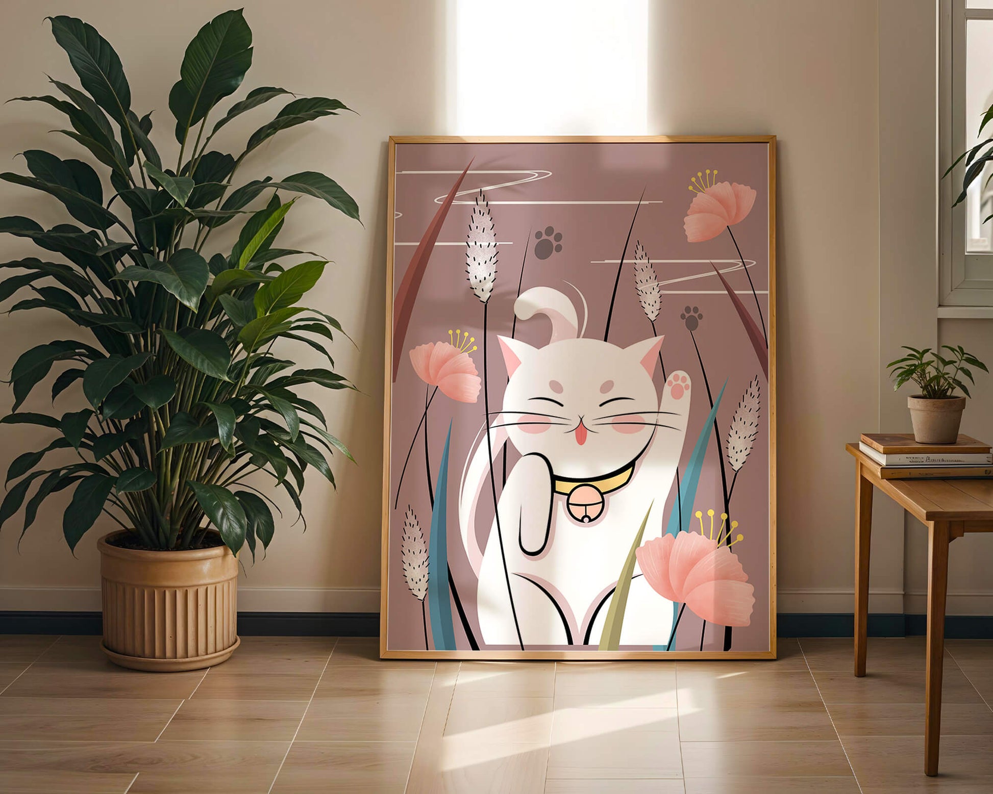 Illustration of a maneki-neko cat in a floral garden setting