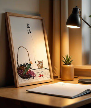 Juguetón gatito con frutas y arte de caligrafía