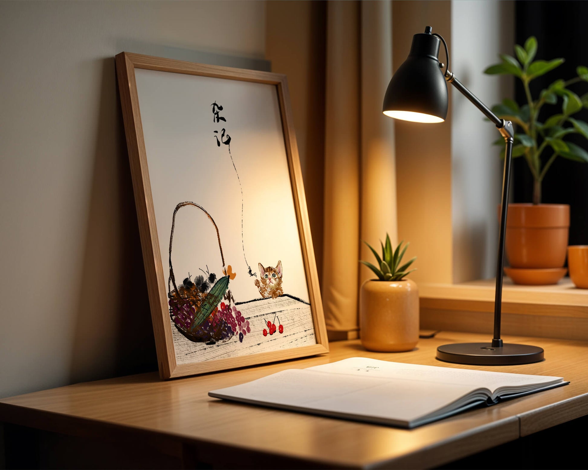 Juguetón gatito con frutas y arte de caligrafía