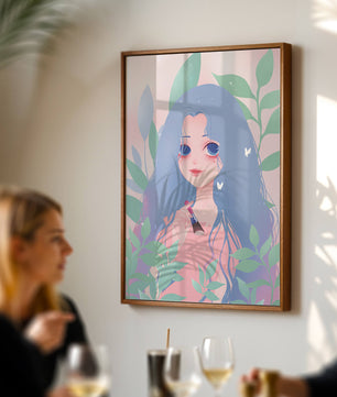 Illustration of a blue-haired girl surrounded by greenery